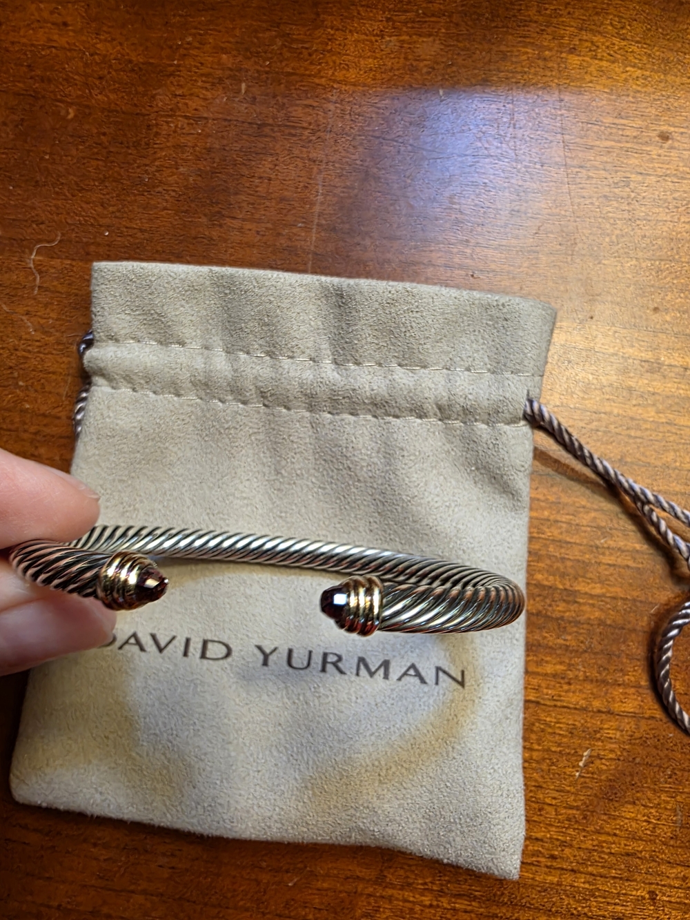 David Yurman Silver Cable Bracelet with Gold Accents and Garnet Tips